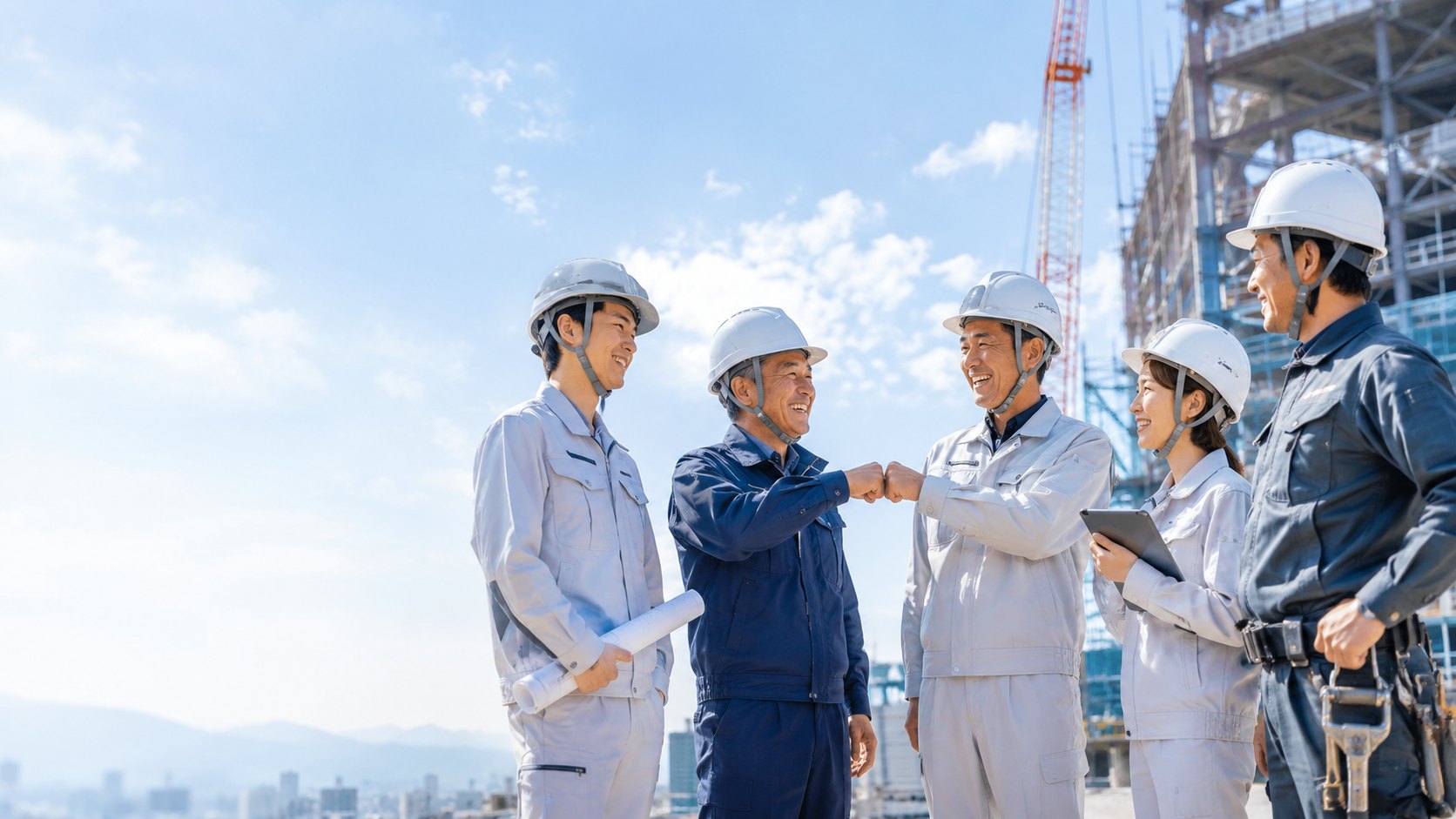 青空の下、笑顔でグータッチする建設現場の職人チーム